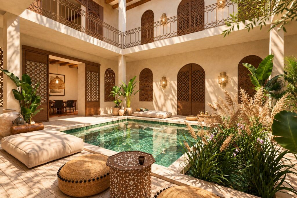 Patio de riad avec bassin en zellige vert et poufs, projection 3D S'KISS
