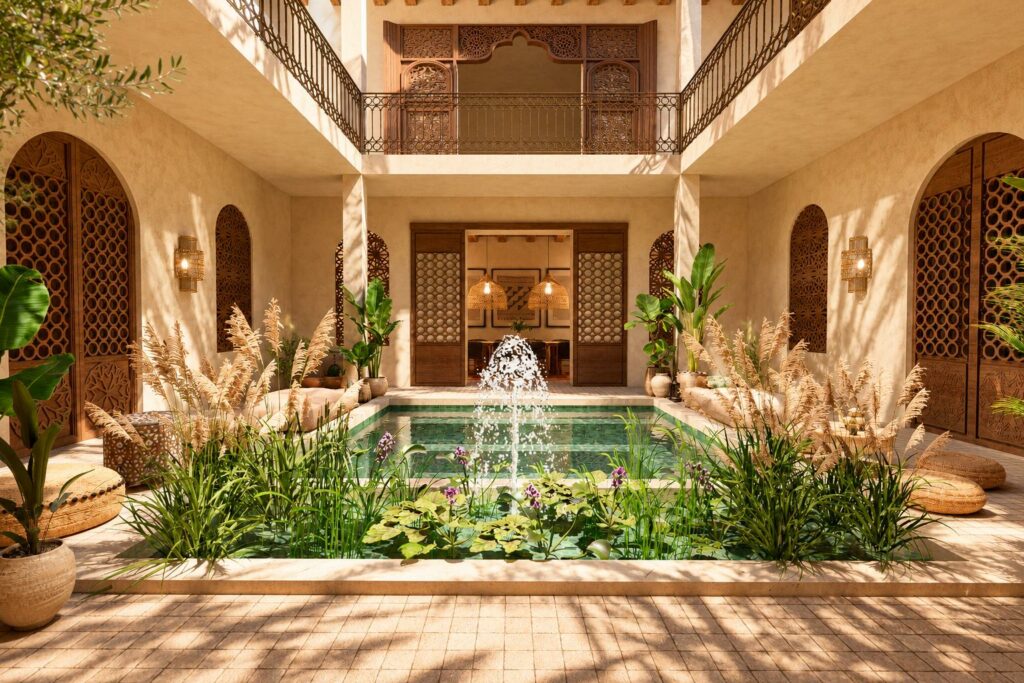 Patio de riad avec bassin et fontaine, galerie à l'étage, projection 3D S'KISS