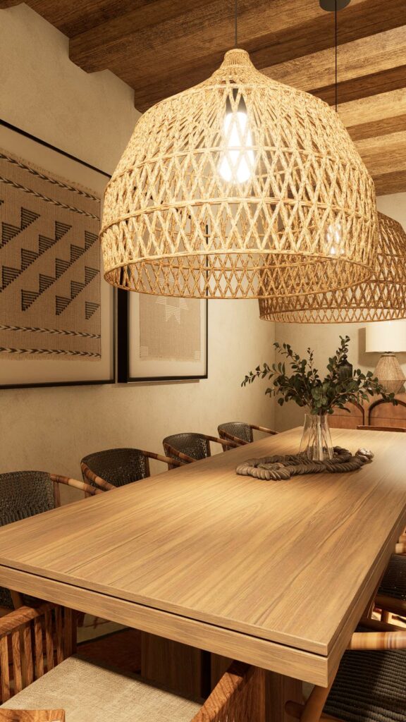 Détail d'une table de riad sous suspensions en fibres naturelles, projection 3D S'KISS