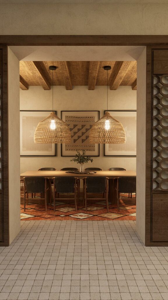 Salle à manger d'un riad vue depuis le patio, portes en bois ajouré, projection 3D S'KISS