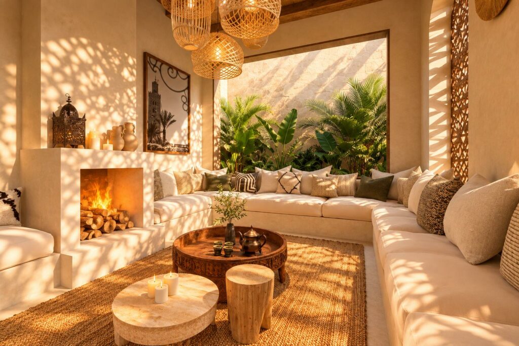 Salon de riad à Marrakech avec cheminée et jardin intérieur, projection 3D S'KISS