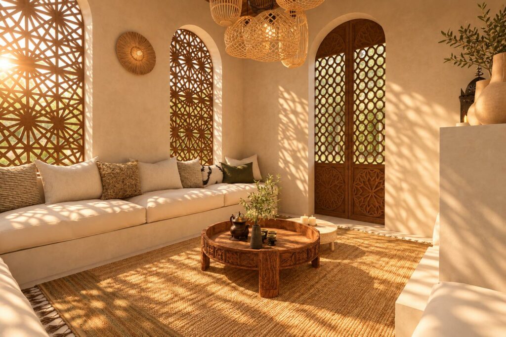 Salon de riad avec moucharabiehs en bois et banquettes, projection 3D S'KISS